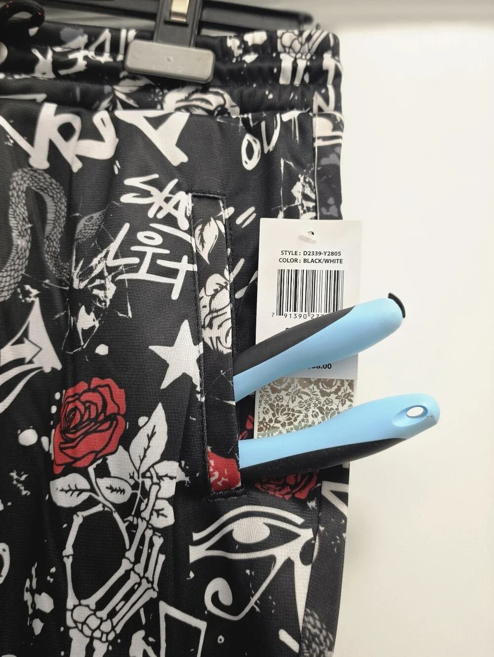 Black Graffiti Rose Print Shorts with Drawstring